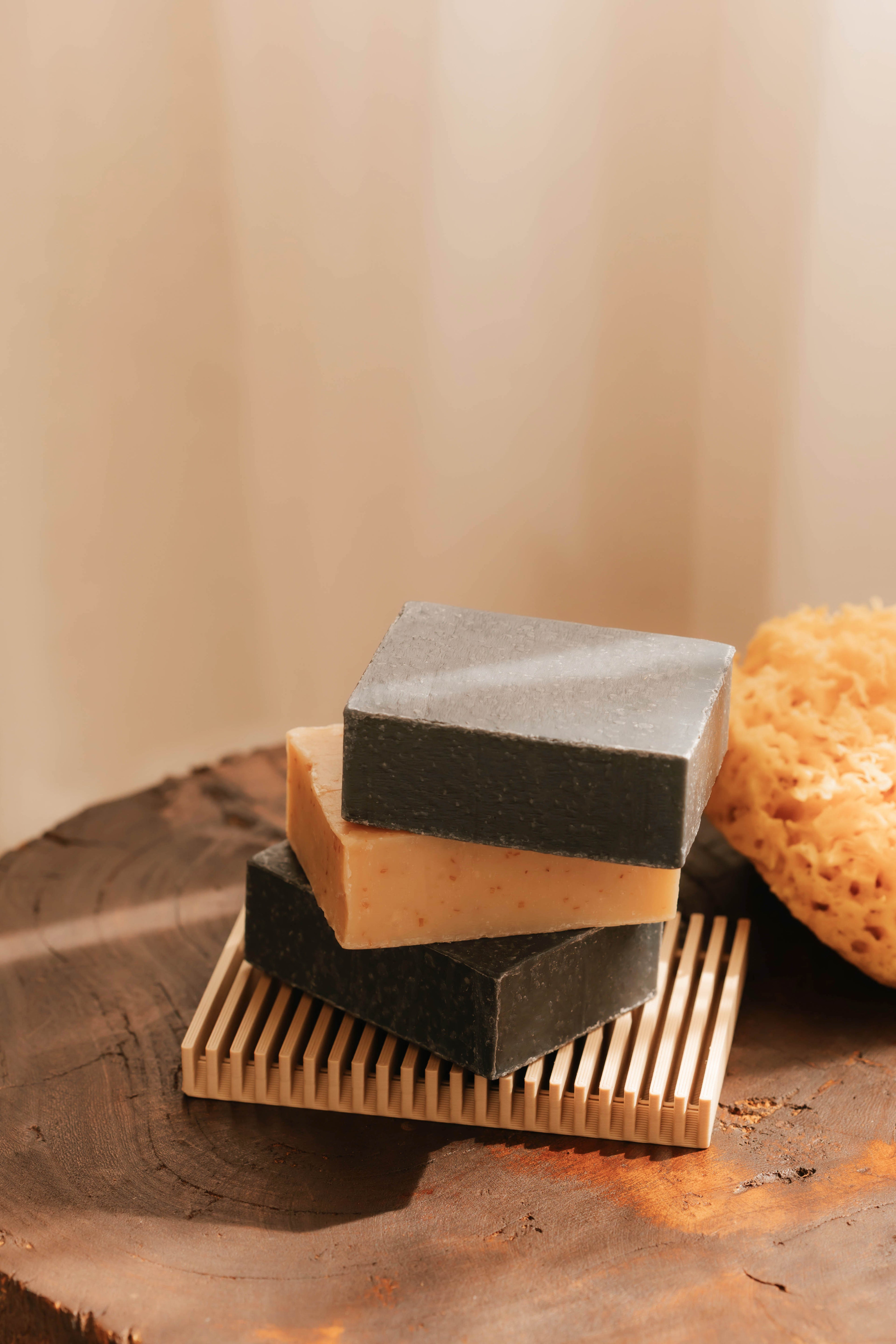 Stack of Body Bars: Honey Oat Exfoliating, Charcoal, and Shave Bar