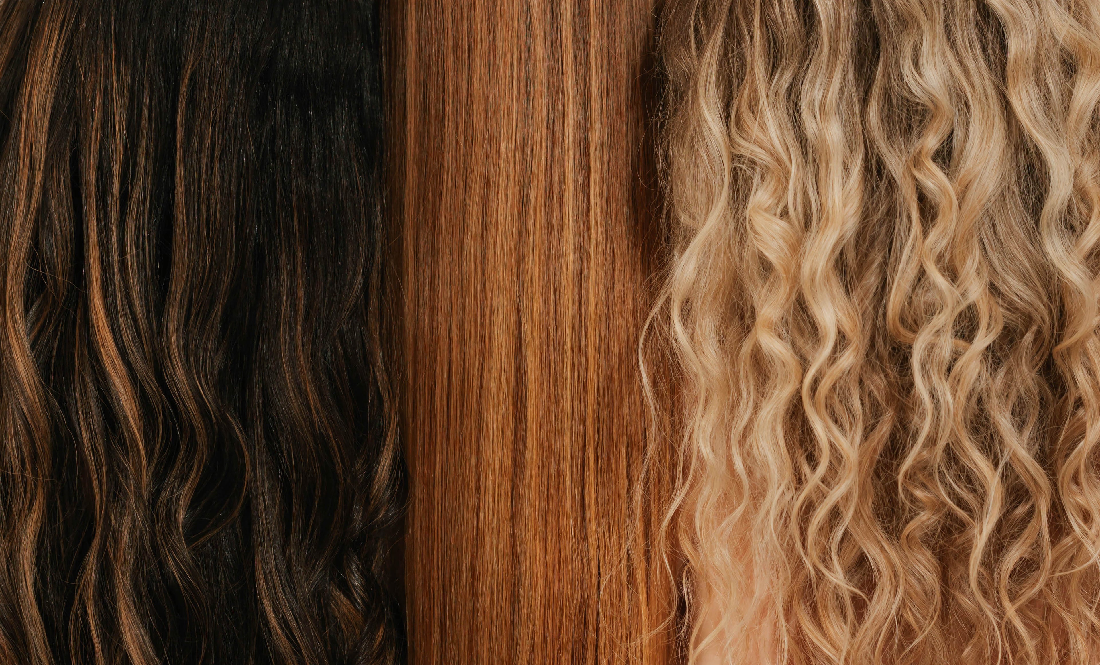 Three different hair colours and textures side by side: dark brown, light brown, and blonde with waves.